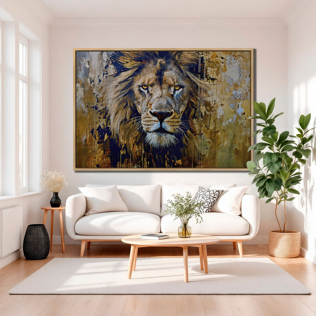 Framed Wall Art: Majestic lion portrait canvas print in warm earth tones. Modern abstract style adds a bold statement to any living room. Shop now!