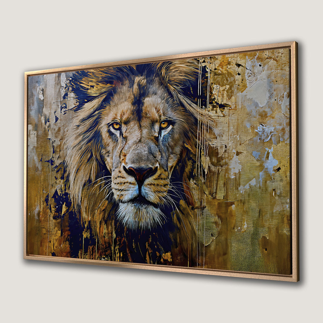 Framed Wall Art: Majestic lion portrait in warm, earthy tones. Abstract style canvas print adds a touch of wild elegance to any space.