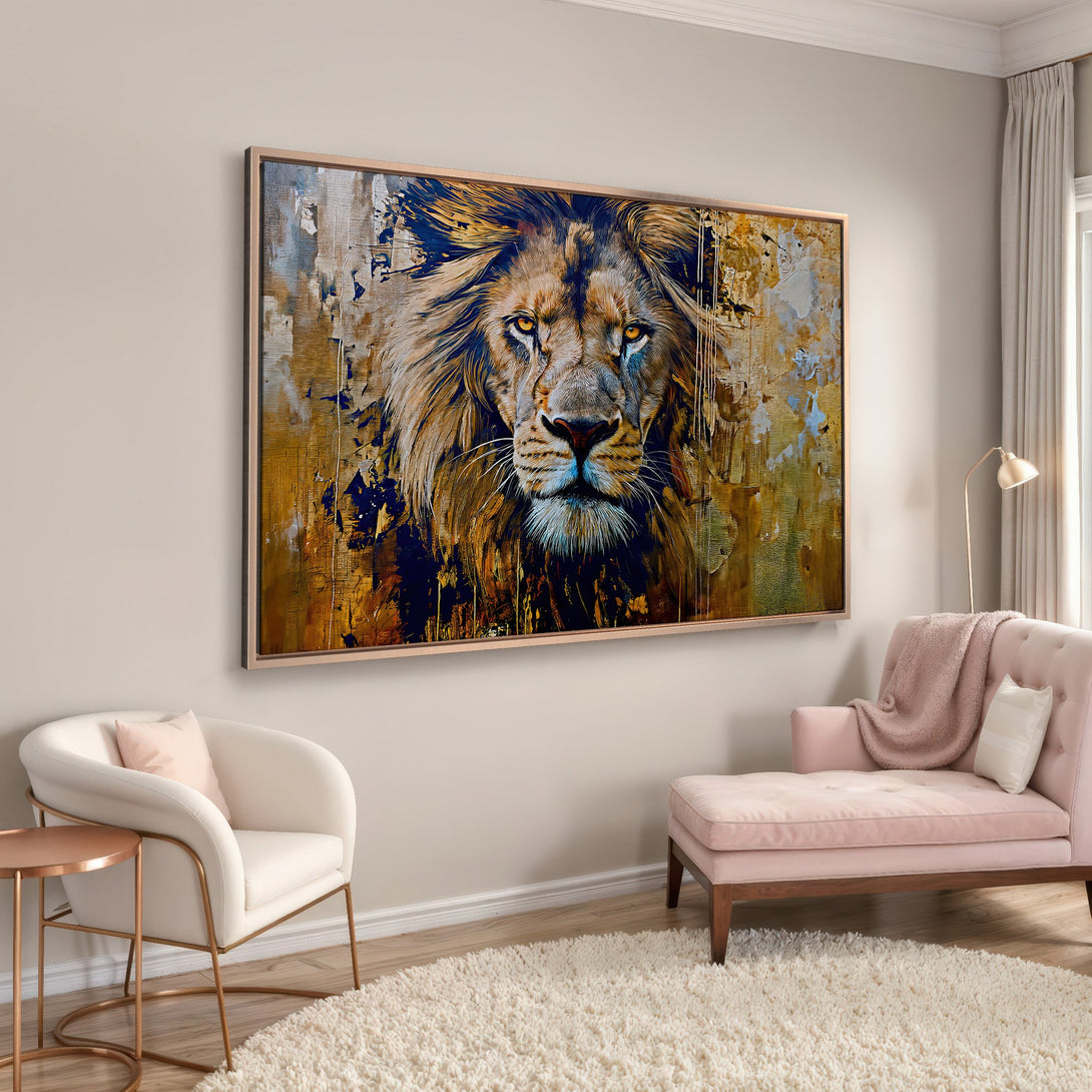 Framed Wall Art: Majestic lion portrait in warm gold, brown, and blue tones. Elevate your space with this stunning canvas print, perfect for any room.