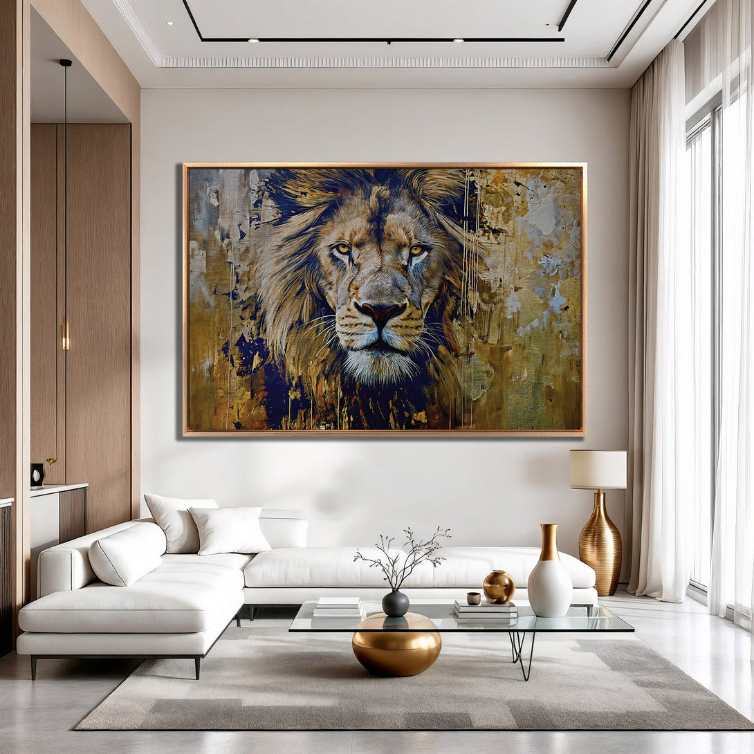 Framed Wall Art: Majestic lion portrait in warm gold and blue tones. Elevate your space with this stunning canvas print. Shop now!