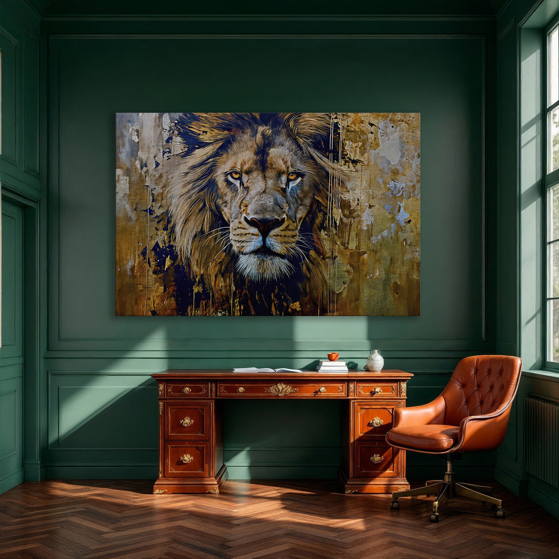 Framed Wall Art: Majestic lion portrait in warm, earthy tones. Modern art canvas print adds a touch of luxury to any space.