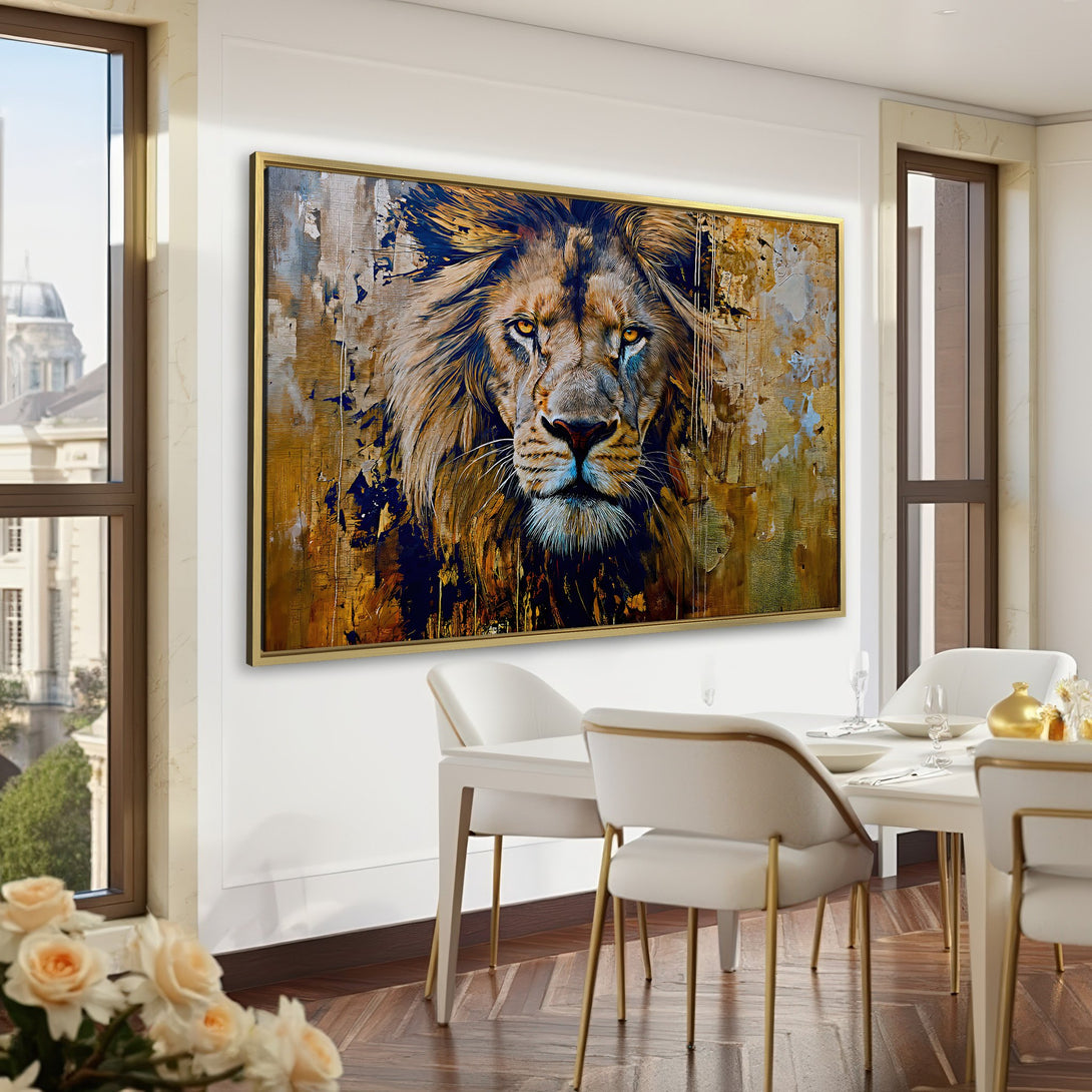 Canvas Print of a majestic lion in warm, earthy tones. Modern art for your home. Adds a touch of luxury.