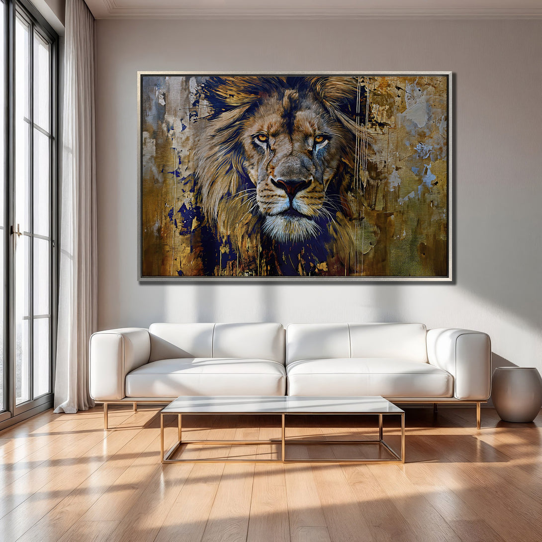 Framed Wall Art: Majestic lion portrait in warm earth tones. Modern abstract style Canvas Print adds a bold statement to any living room.