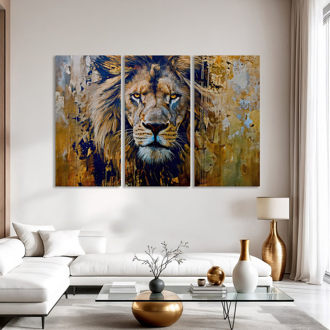 Canvas Print of a majestic lion in an abstract style, featuring a warm gold and blue color palette. Perfect for modern home decor.