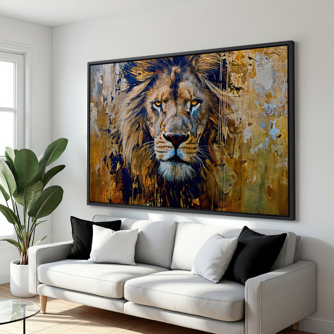 Framed Wall Art: Majestic lion portrait in warm gold and blue tones. Modern abstract style Canvas Print, perfect for living room decor.