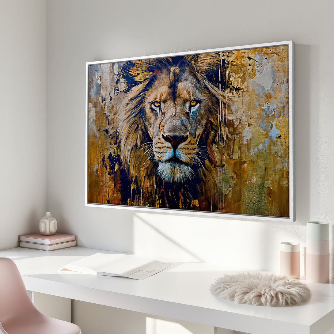 Framed Wall Art: Majestic lion portrait in warm gold, brown, and blue tones. Transform your space with this stunning canvas print!