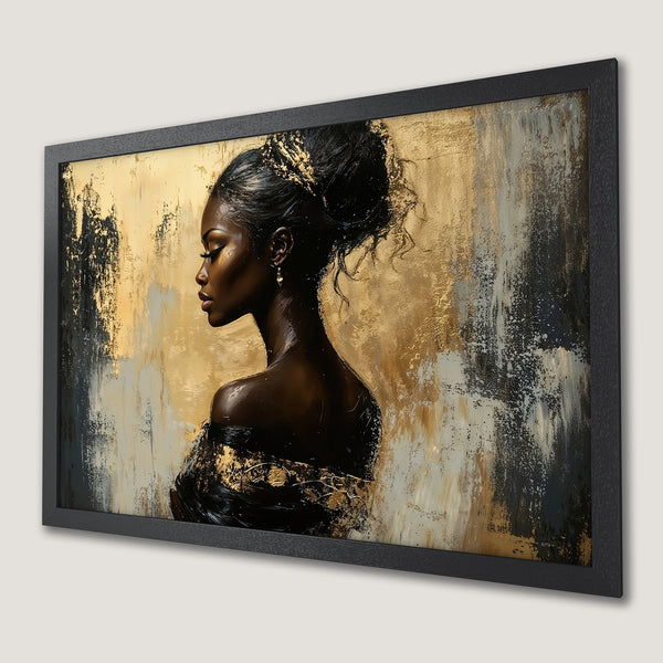 Framed Poster featuring a beautiful woman, abstract art style, gold and black color palette.