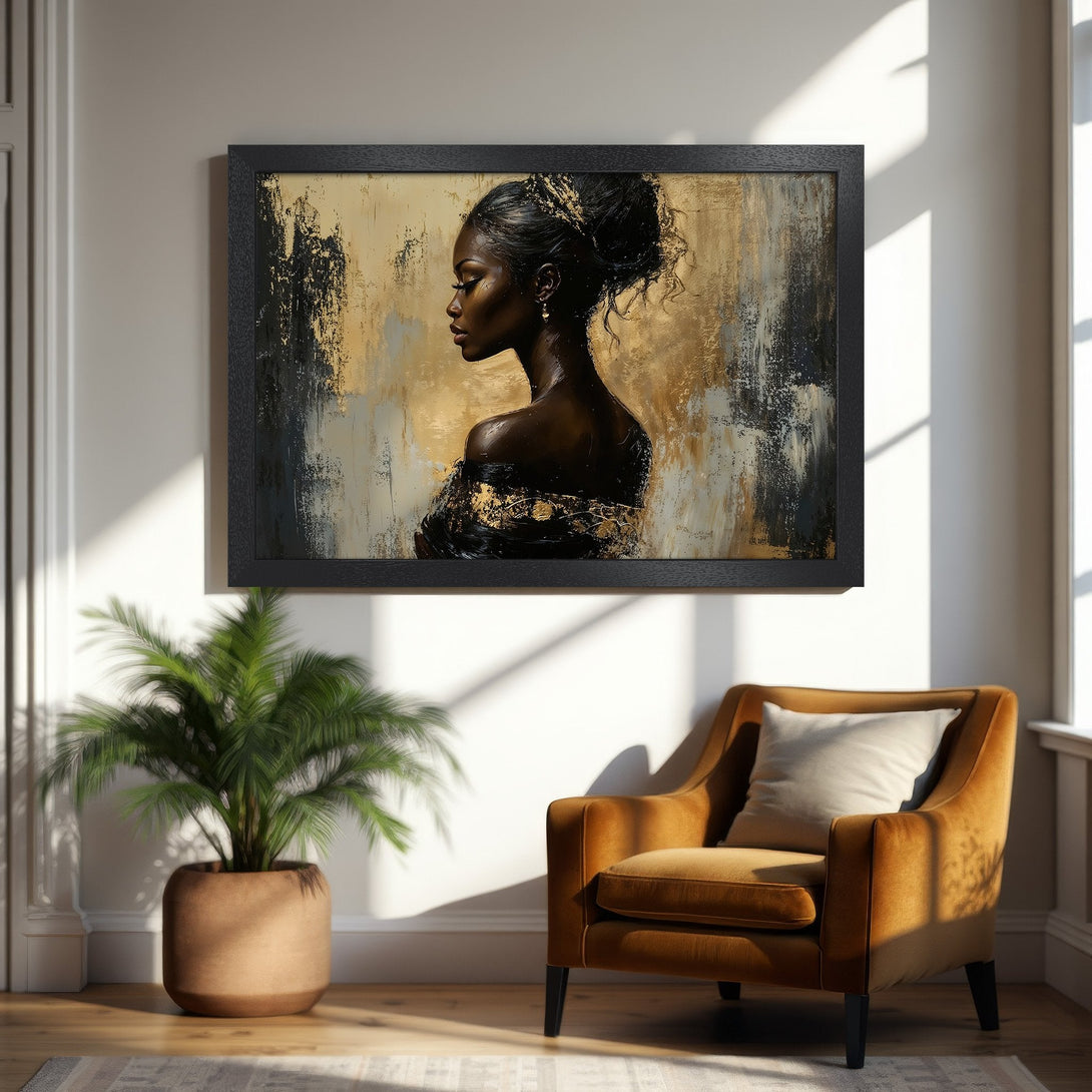 Framed Poster featuring an elegant Black woman, abstract style, with gold and neutral tones. Perfect wall art for your home!