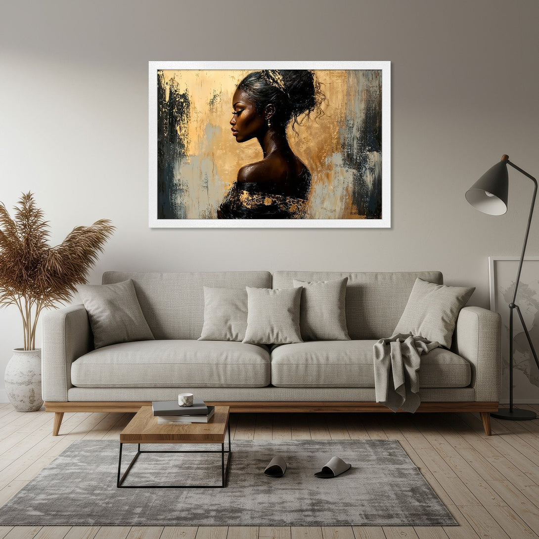 Framed Poster featuring an elegant woman in profile, artistic style with gold, black, and neutral tones. Elevate your space today!