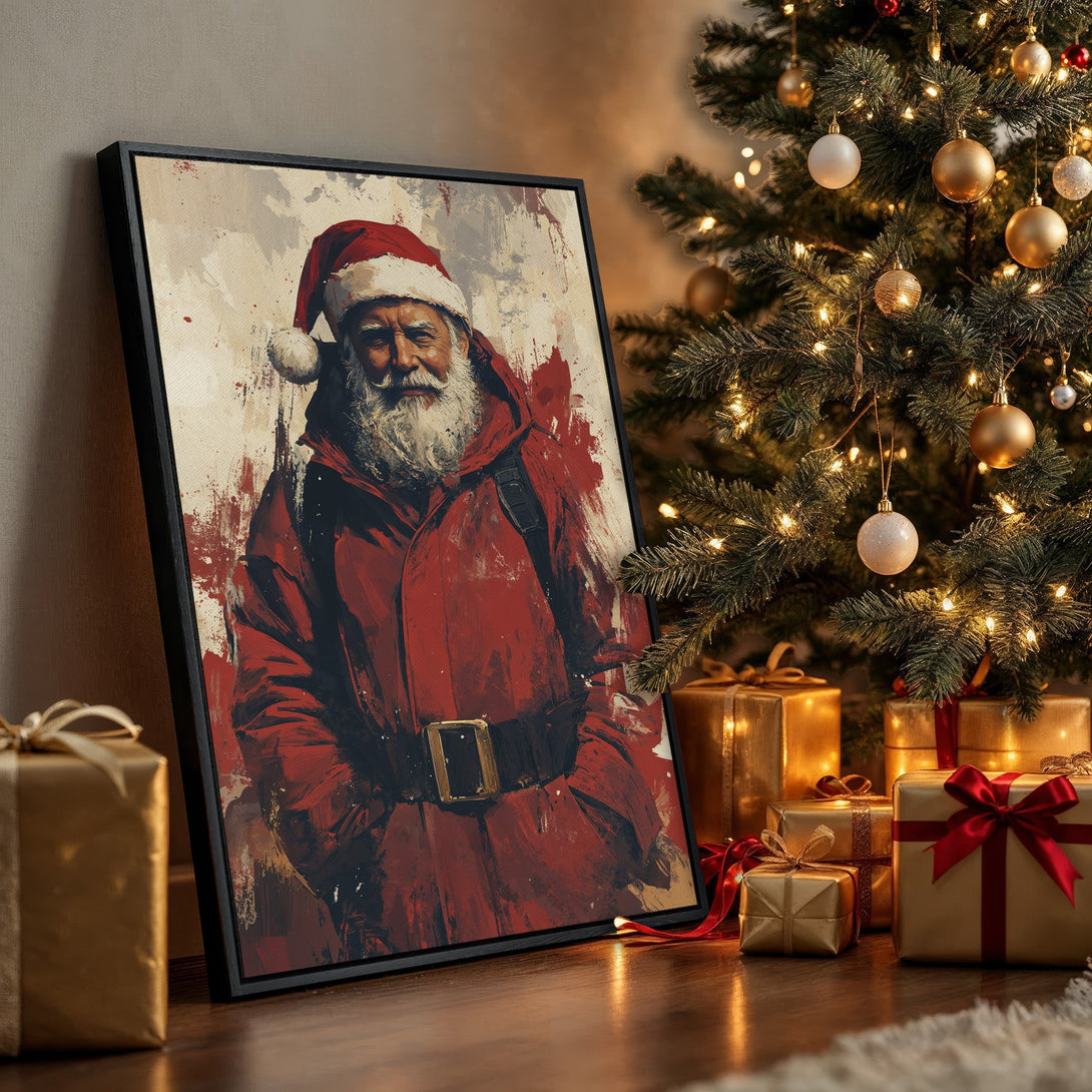 Framed Wall Art: Abstract Santa Claus portrait in red and beige tones. Perfect Christmas decor! Festive art for your home.