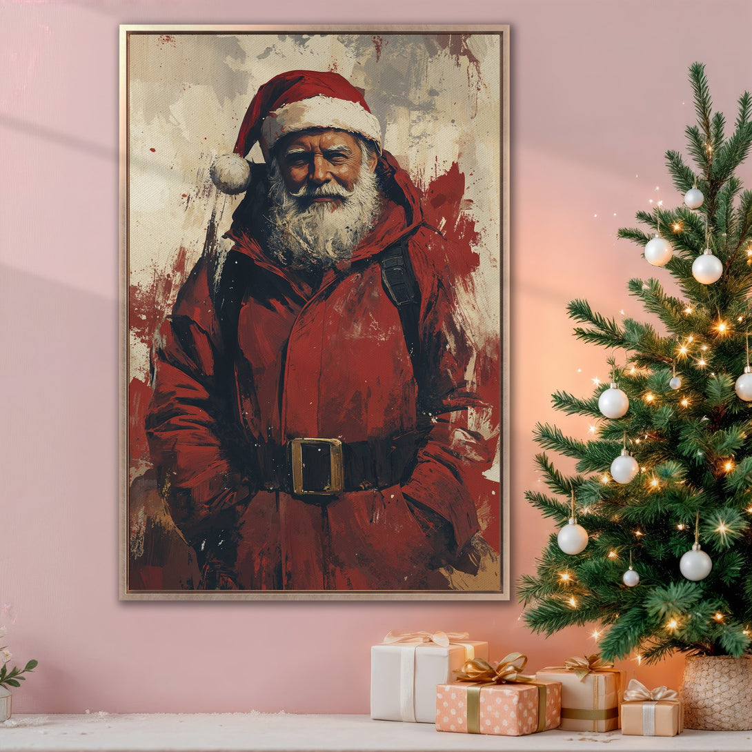Framed Wall Art of Santa Claus in a vibrant red, abstract style. Perfect Christmas decor! Warm color palette adds festive cheer to any room.