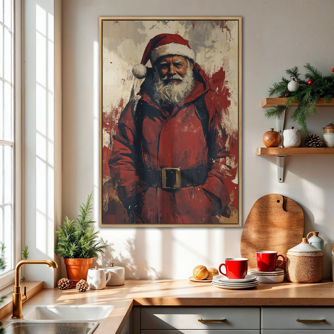Framed Wall Art: Abstract Santa Claus in red and cream tones. Festive holiday decor for your home. Unique art print for Christmas.