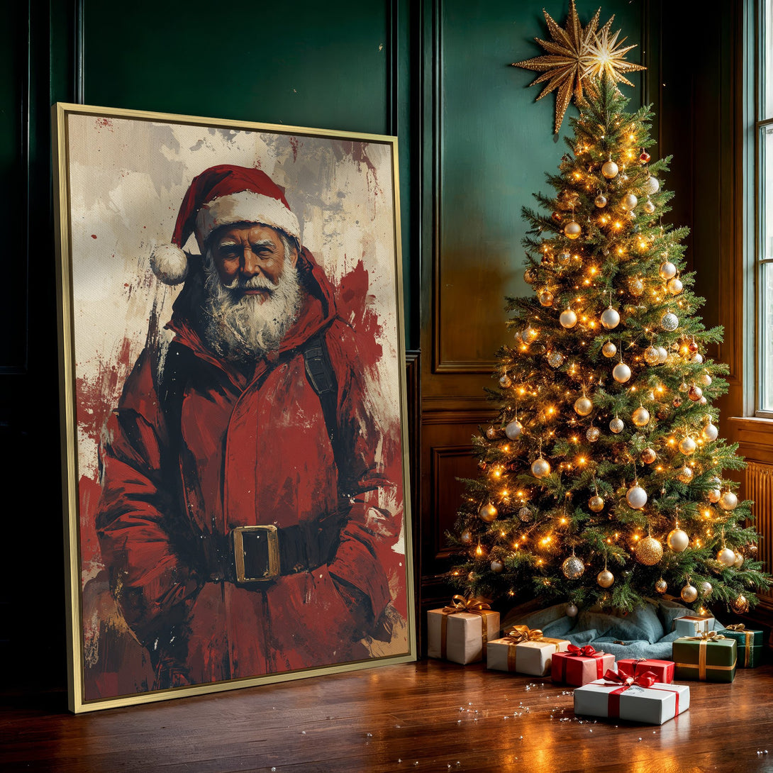 Canvas Print of Santa Claus in a vibrant, abstract style with a red and cream color palette, perfect Christmas wall art.