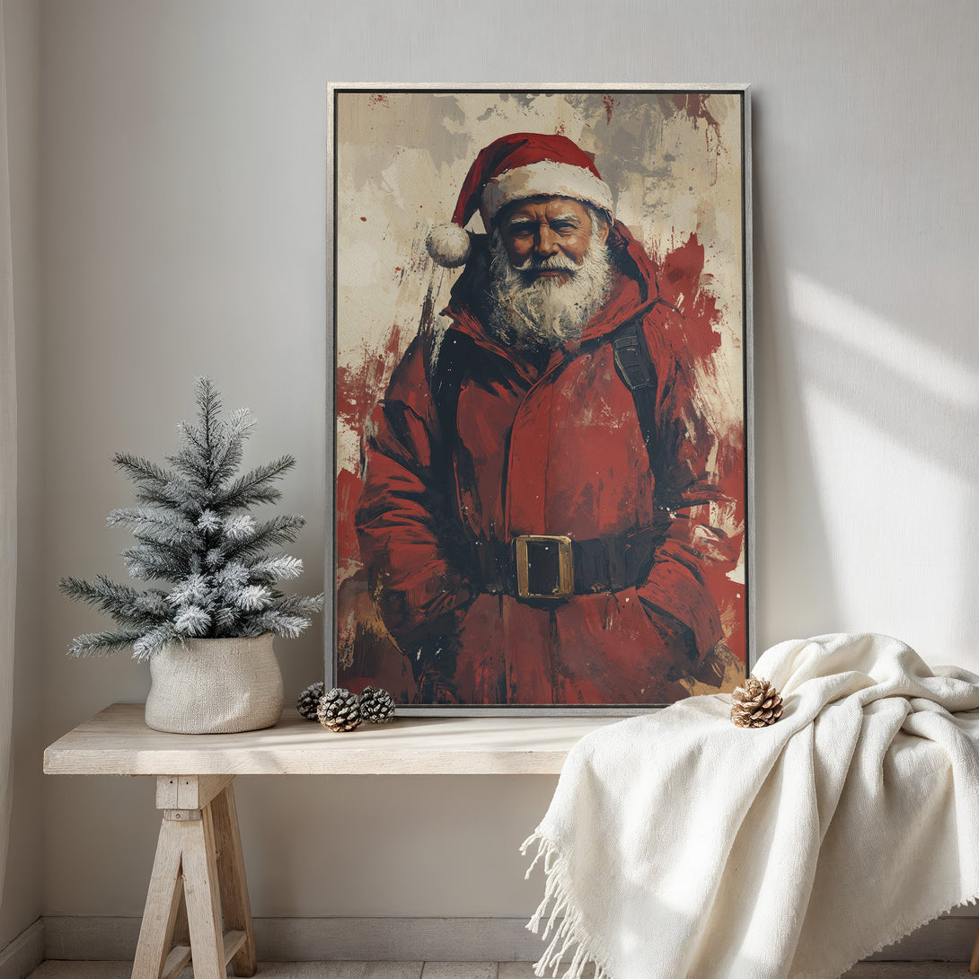 Framed Wall Art: Santa Claus portrait in an expressive, abstract style. Red and neutral color palette. Perfect holiday decor for your home!
