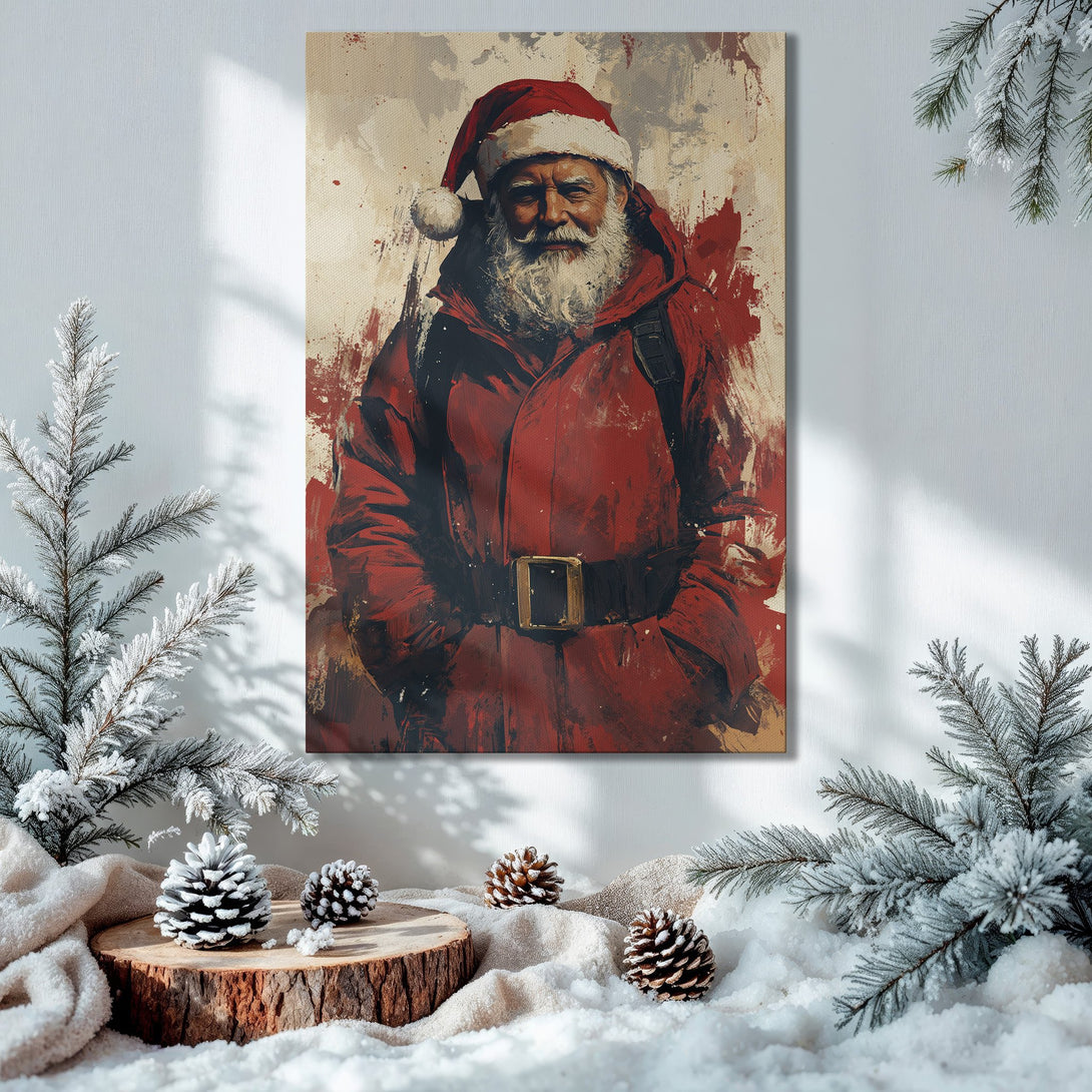 Framed Wall Art: Santa Claus portrait in a festive interior. Abstract style, red and gold color palette. Perfect Christmas decor!