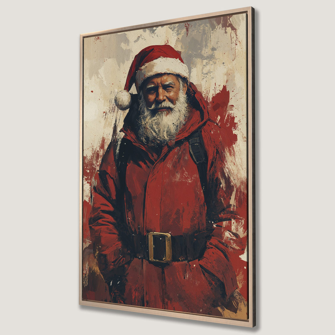 Framed Wall Art: Abstract Santa Claus portrait in red & neutral tones. Festive decor with an expressive, painterly style. Perfect Christmas gift!