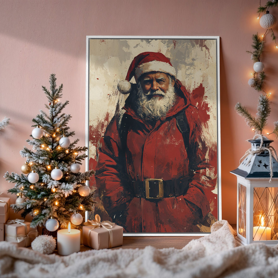 Framed Wall Art: Santa Claus portrait in red & neutral tones. Festive holiday decor, perfect for Christmas. Enhance your space with this unique canvas print.