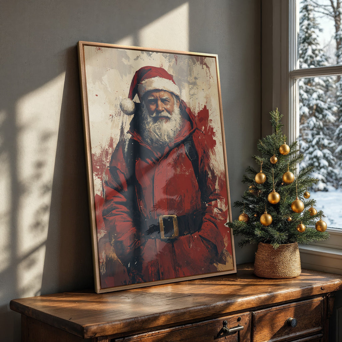 Framed Wall Art featuring Santa Claus in a painterly style. Festive red and neutral tones create a warm, holiday vibe. Perfect Christmas home decor.