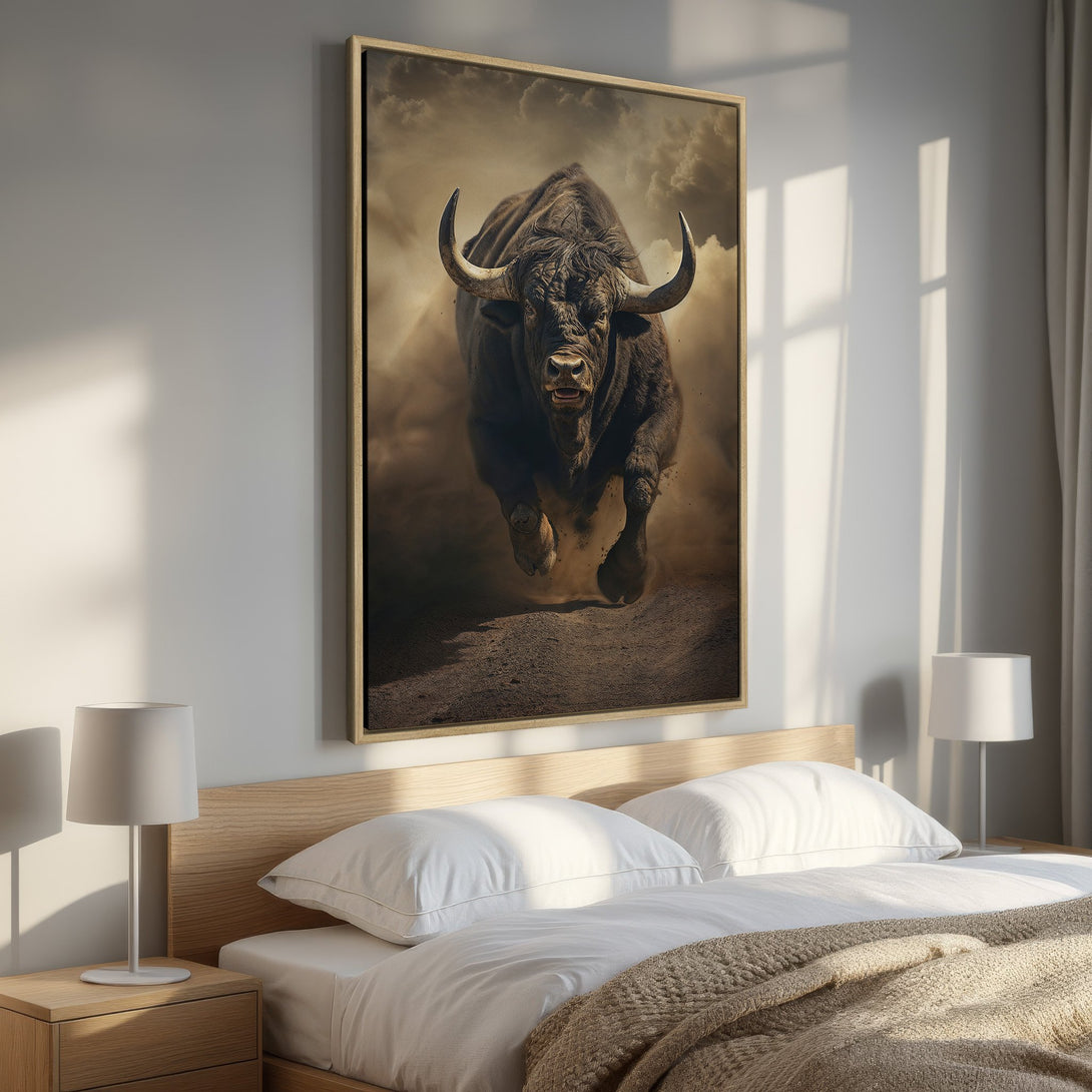 Framed Wall Art: Powerful bull canvas print in warm, earthy tones. Rustic animal art perfect for bedroom decor. Add a touch of nature to your space.