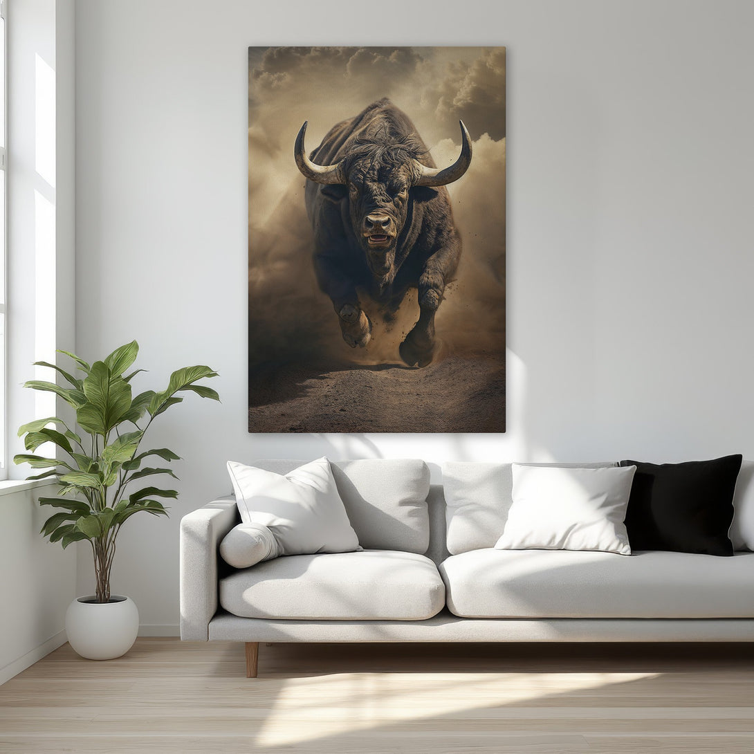 Framed Wall Art featuring a powerful bull in a dramatic, sepia-toned style. Perfect for adding a touch of rustic elegance to your home.