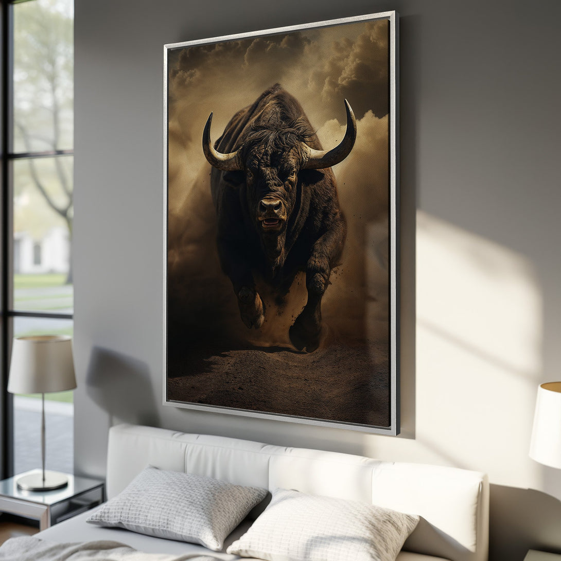 Framed Wall Art of a powerful bull in a dramatic, sepia-toned style. Add a touch of rustic elegance to your space!