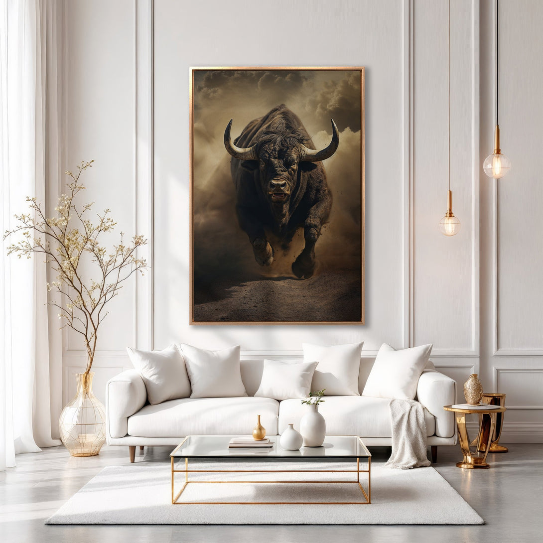 Framed Wall Art: Powerful bull canvas print in a modern living room. Dramatic, earthy tones create a bold statement piece. Elevate your home decor!