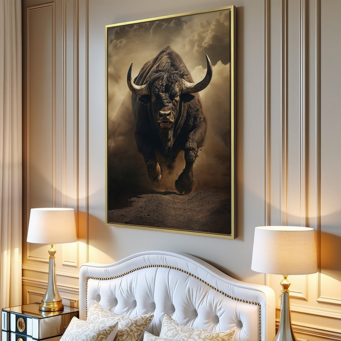 Canvas Print of a charging bull in a dramatic, wildlife style. Earthy tones and a powerful image for your home decor.