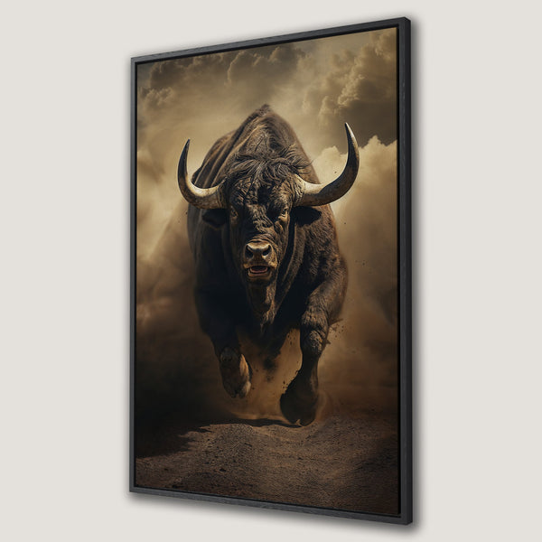 Framed Wall Art: Powerful bull charging forward. Dramatic art print in earthy tones, perfect for adding a bold statement to any space. Rustic decor.