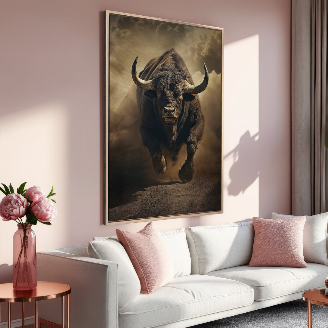 Framed Wall Art: Powerful bull canvas print in warm earth tones. Rustic style with pink and neutral color palette, perfect for living room decor.