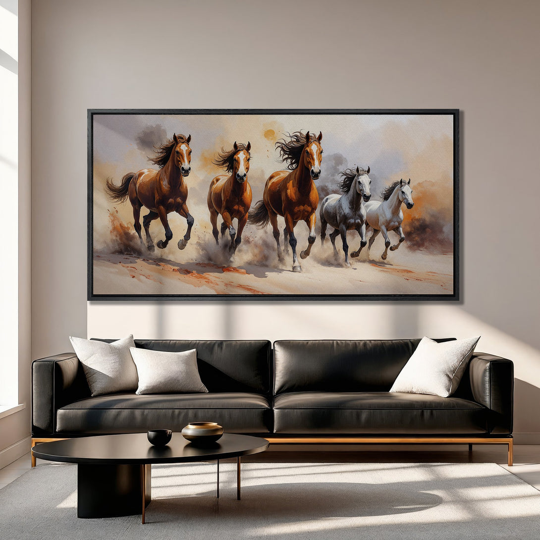 Framed Wall Art featuring a stunning watercolor painting of running horses. Warm earth tones and a touch of gray create a captivating focal point for any room.