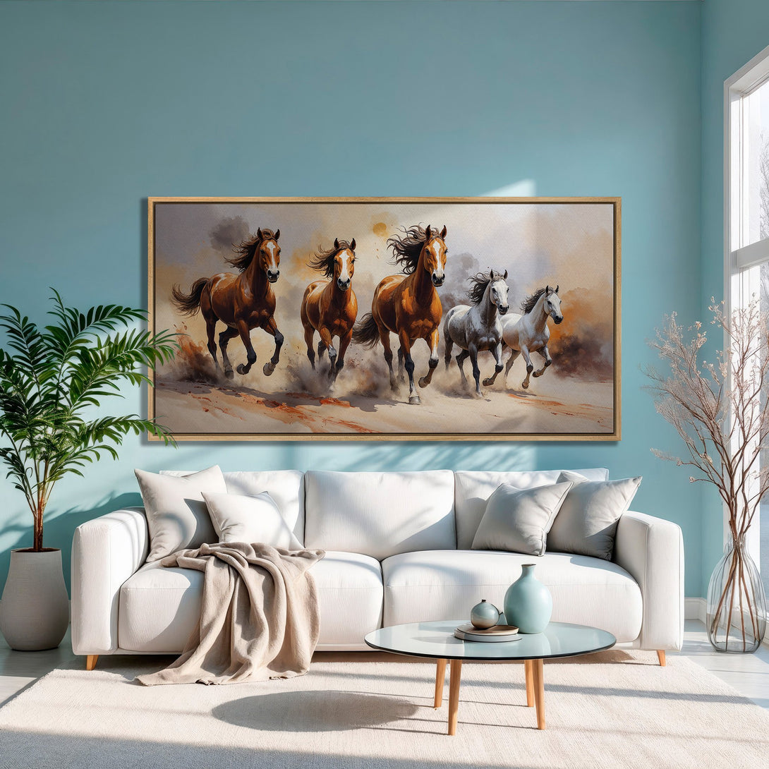 Framed Wall Art of running horses in warm tones. Perfect for living room decor. Adds a touch of elegance with a neutral color palette.