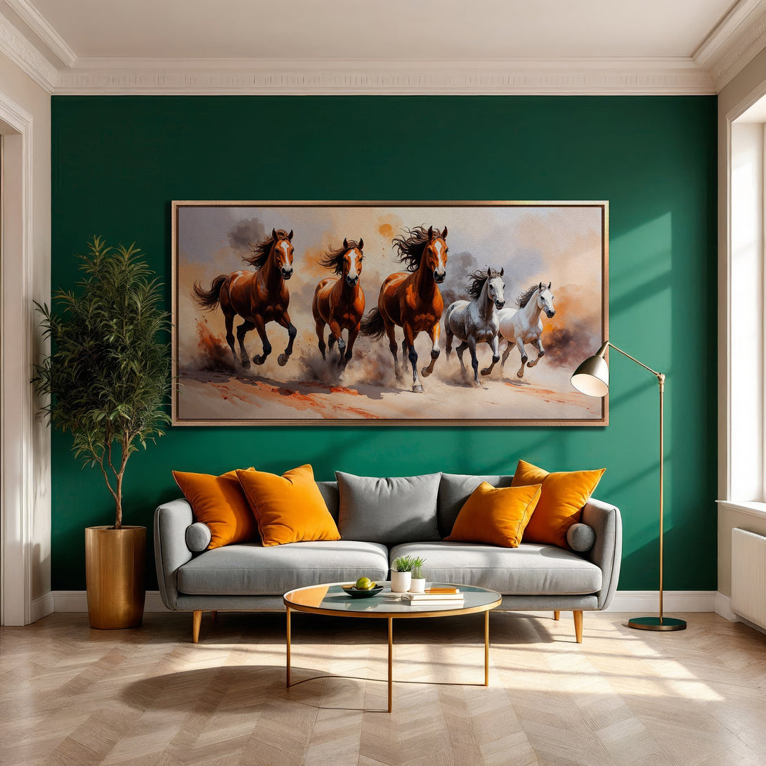Framed Wall Art featuring running horses in warm tones. Rustic style with a brown and orange palette, displayed in a modern living room.