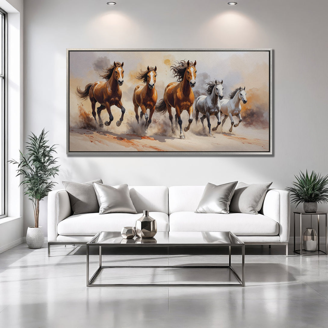 Framed Wall Art: Stunning painting of running horses in warm tones. Perfect for living room decor. Add a touch of elegance with this beautiful canvas print.