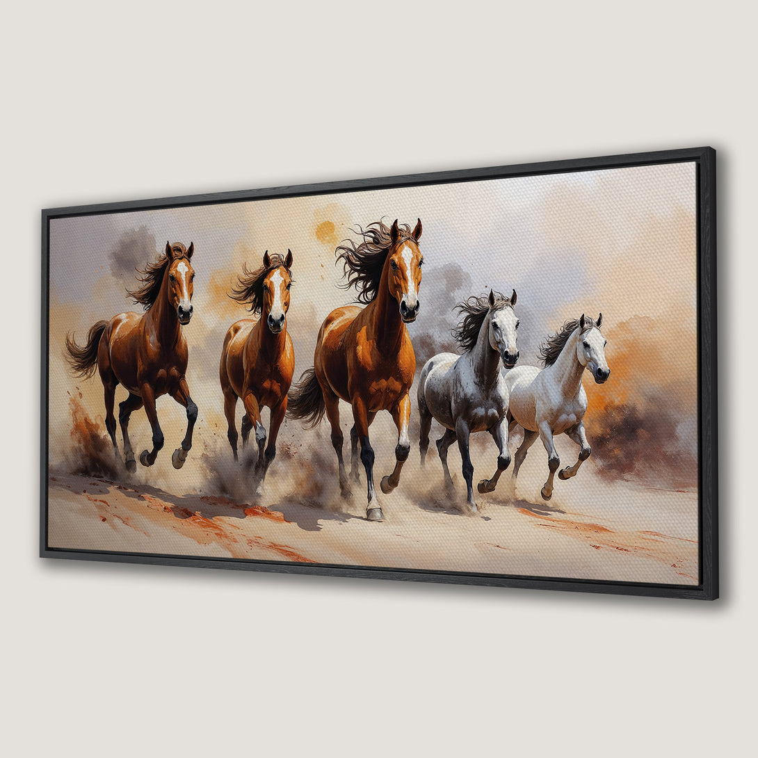 Framed Wall Art: Stunning canvas print of running horses in warm earth tones. Add a touch of wild beauty to your home decor.