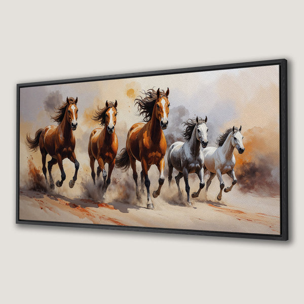 Framed Wall Art: Stunning canvas print of running horses in warm earth tones. Add a touch of wild beauty to your home decor.