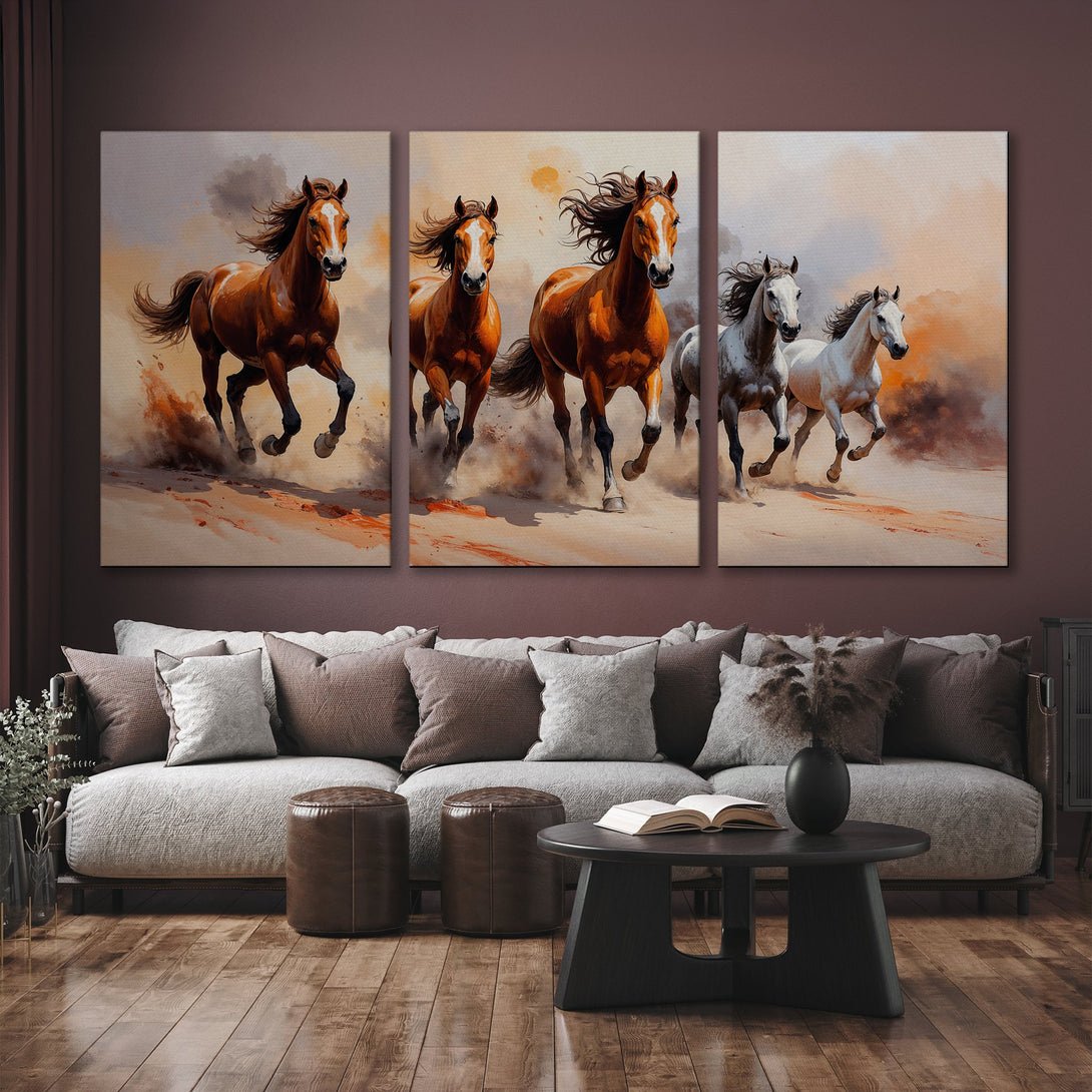 Canvas Print of running horses in warm tones. Perfect wall art for a modern living room. Earthy color palette and artistic style.