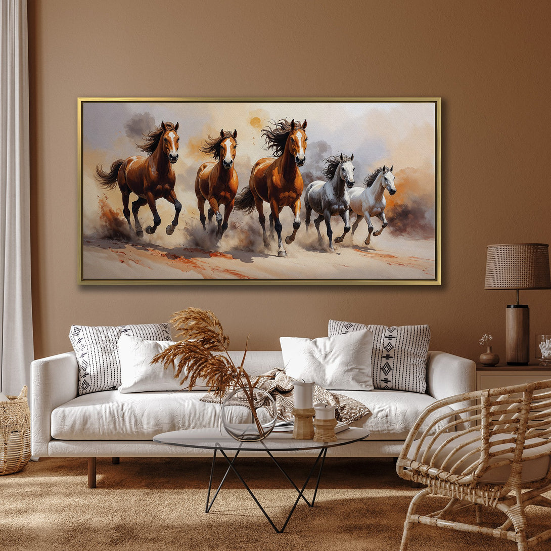 Canvas Print of running horses in warm, earthy tones. Perfect wall art for living rooms.