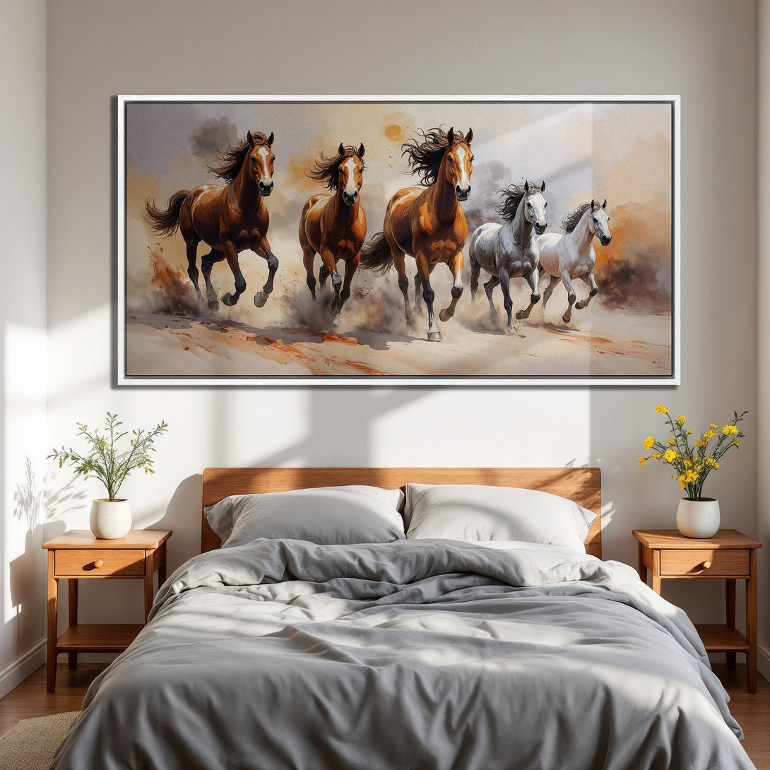 Framed Wall Art of running horses in warm tones. Add a touch of wild beauty to your bedroom with this stunning canvas print!