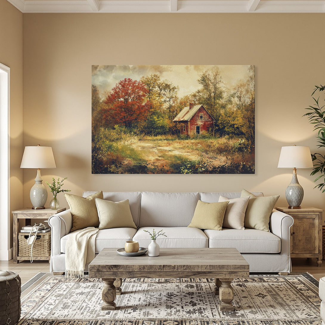 Framed Wall Art featuring a rustic landscape with a red barn, warm autumn colors. Perfect for adding cozy charm to your home.