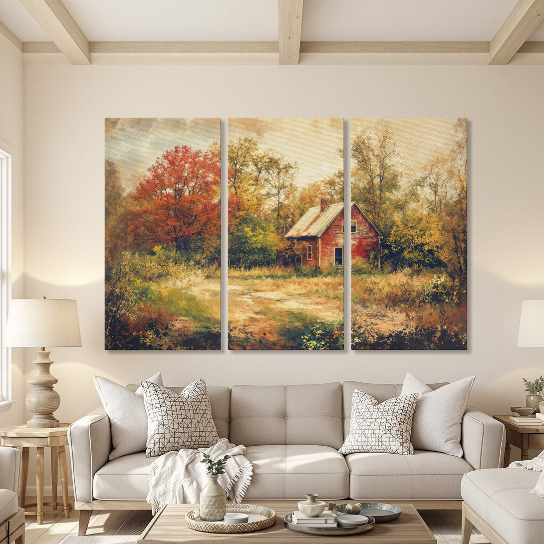 Canvas Print of a rustic autumn landscape with a red house, featuring warm tones of red, yellow, and green. Perfect for cozy home decor.