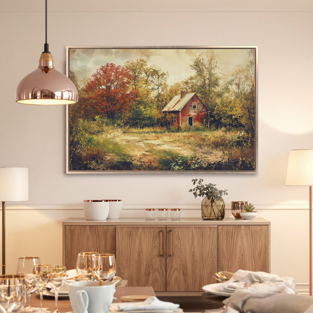Framed Wall Art: Rustic landscape Canvas Print with warm autumn colors. Perfect for adding cozy charm to your home decor.