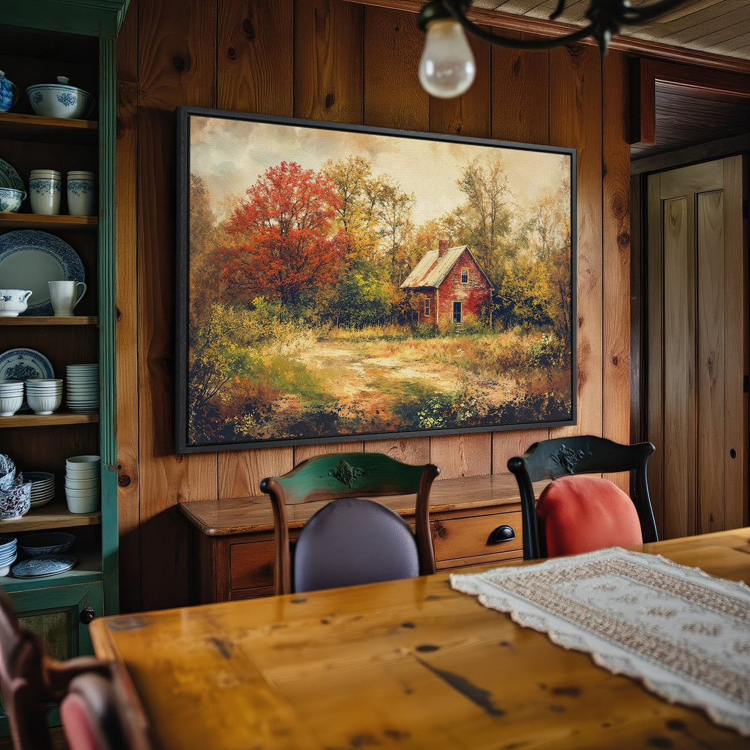 Framed Wall Art: Rustic landscape Canvas Print with a red house, warm autumn colors, and a cozy, traditional style. Perfect for adding charm to any room.
