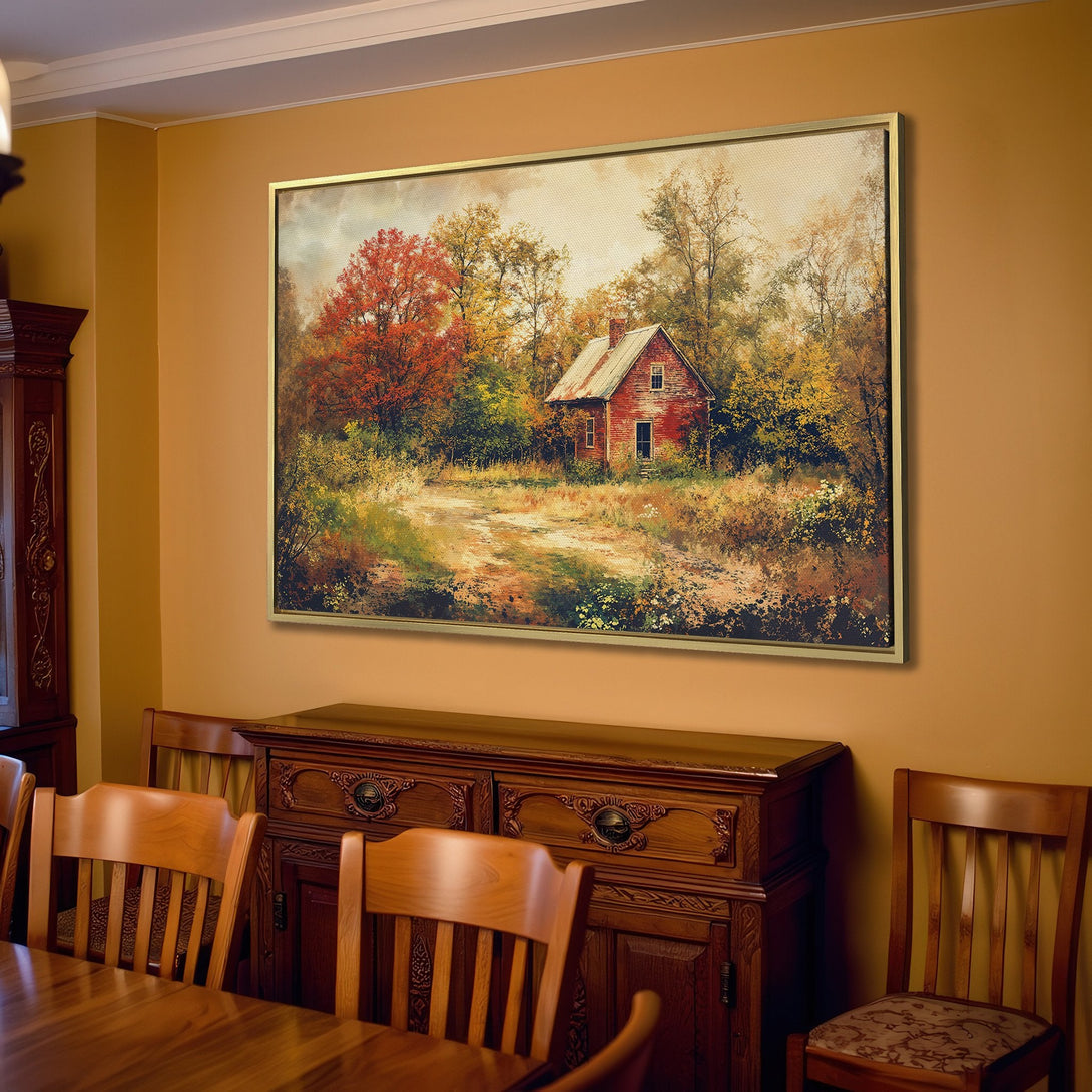 Canvas Print of a rustic cabin in a warm, autumnal landscape. Earthy tones and impressionistic style create a cozy, inviting atmosphere.