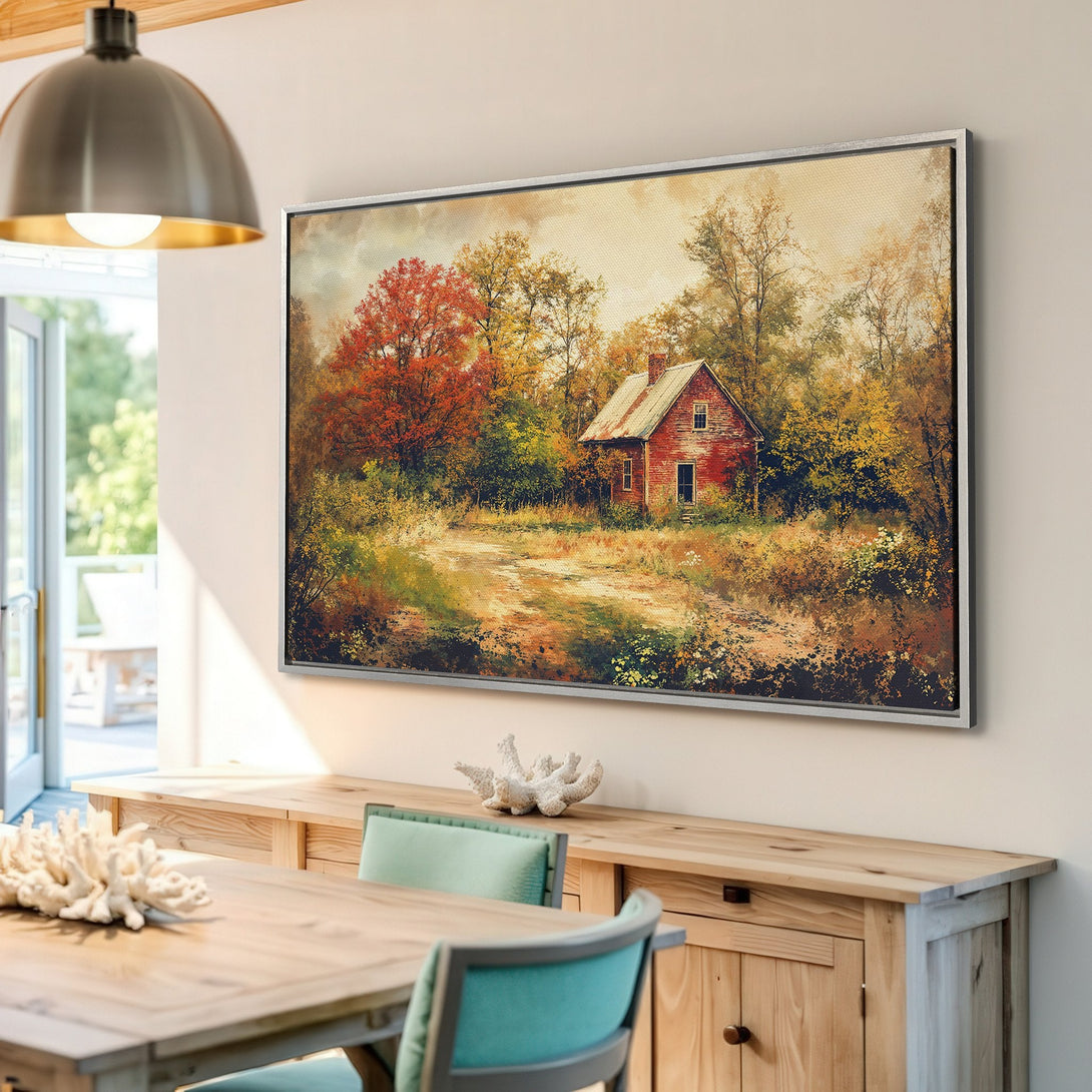 Framed Wall Art: Rustic landscape Canvas Print with a red house in a forest, warm autumnal colors. Perfect for adding cozy charm to any room.