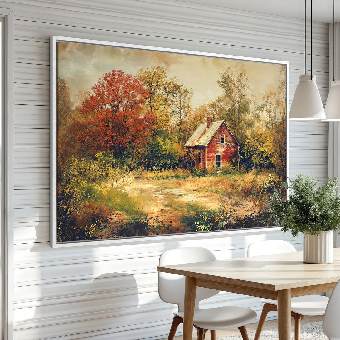 Framed Wall Art Canvas Print of a rustic red cabin in a colorful autumn landscape. Warm, inviting color palette. Perfect for home decor.