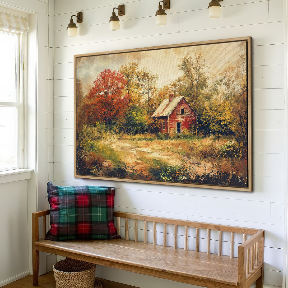 Framed Wall Art: Rustic landscape Canvas Print with a red house, autumn colors, and a warm, inviting palette. Perfect for farmhouse decor.