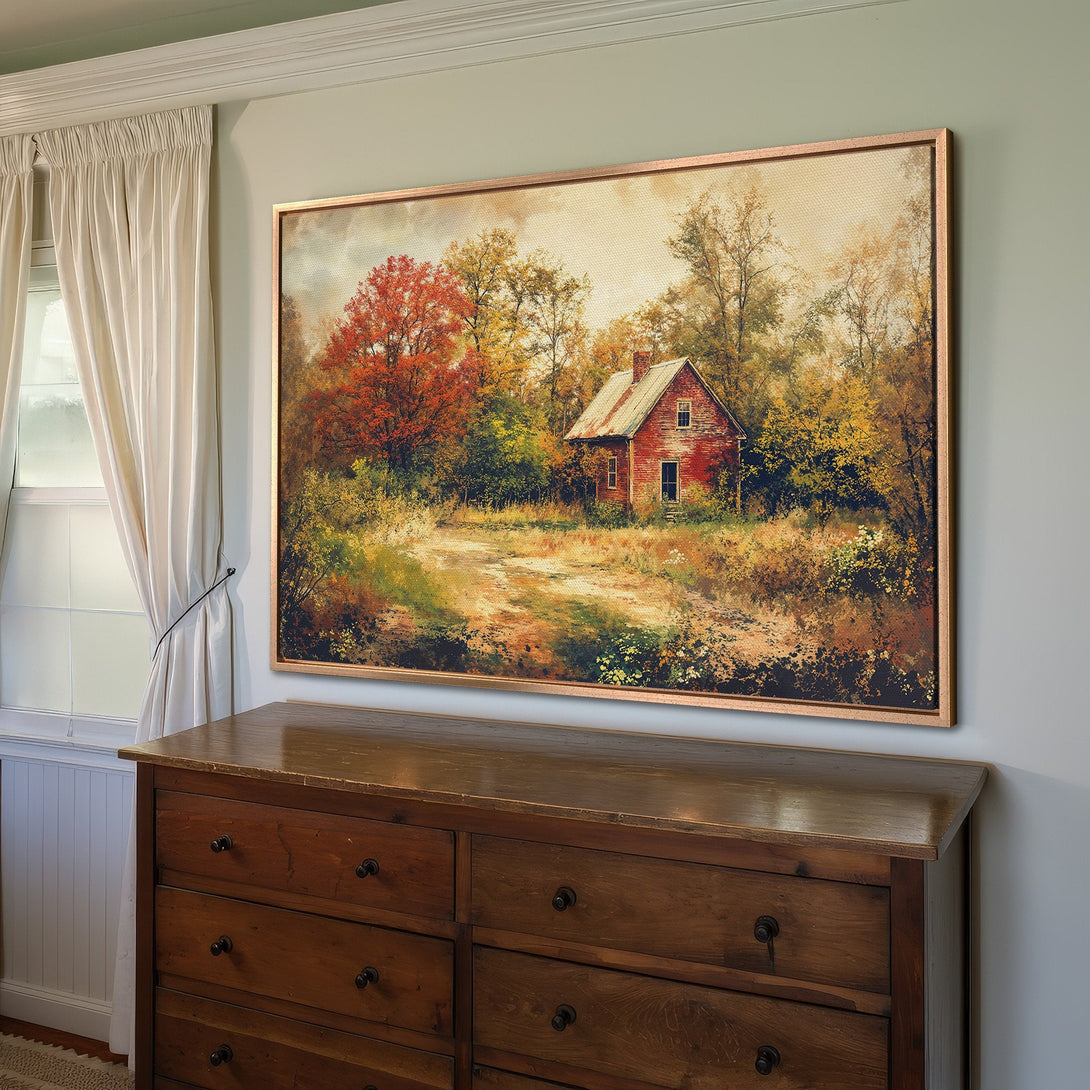 Framed Wall Art: Rustic landscape Canvas Print featuring a red barn in autumn colors. Warm, inviting palette perfect for home decor.