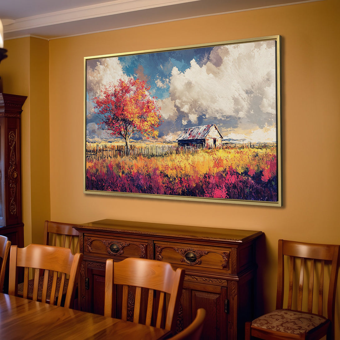 Canvas Print of a vibrant landscape painting featuring a barn and tree. Warm, autumnal color palette perfect for home decor.