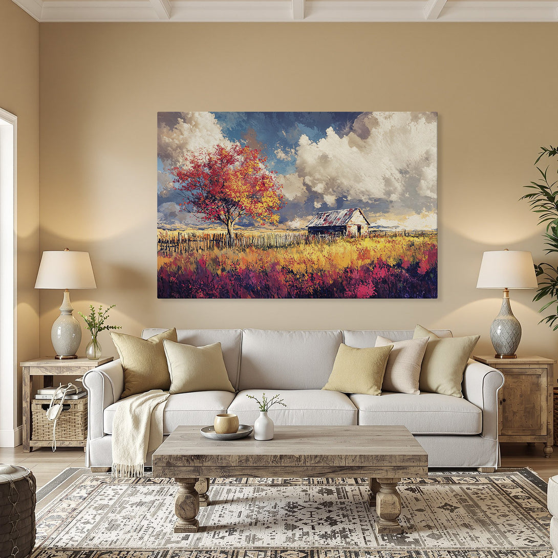 Framed Wall Art: Impressionist landscape Canvas Print with vibrant autumn colors. Rustic barn & tree against a cloudy sky. Adds warmth to any room!
