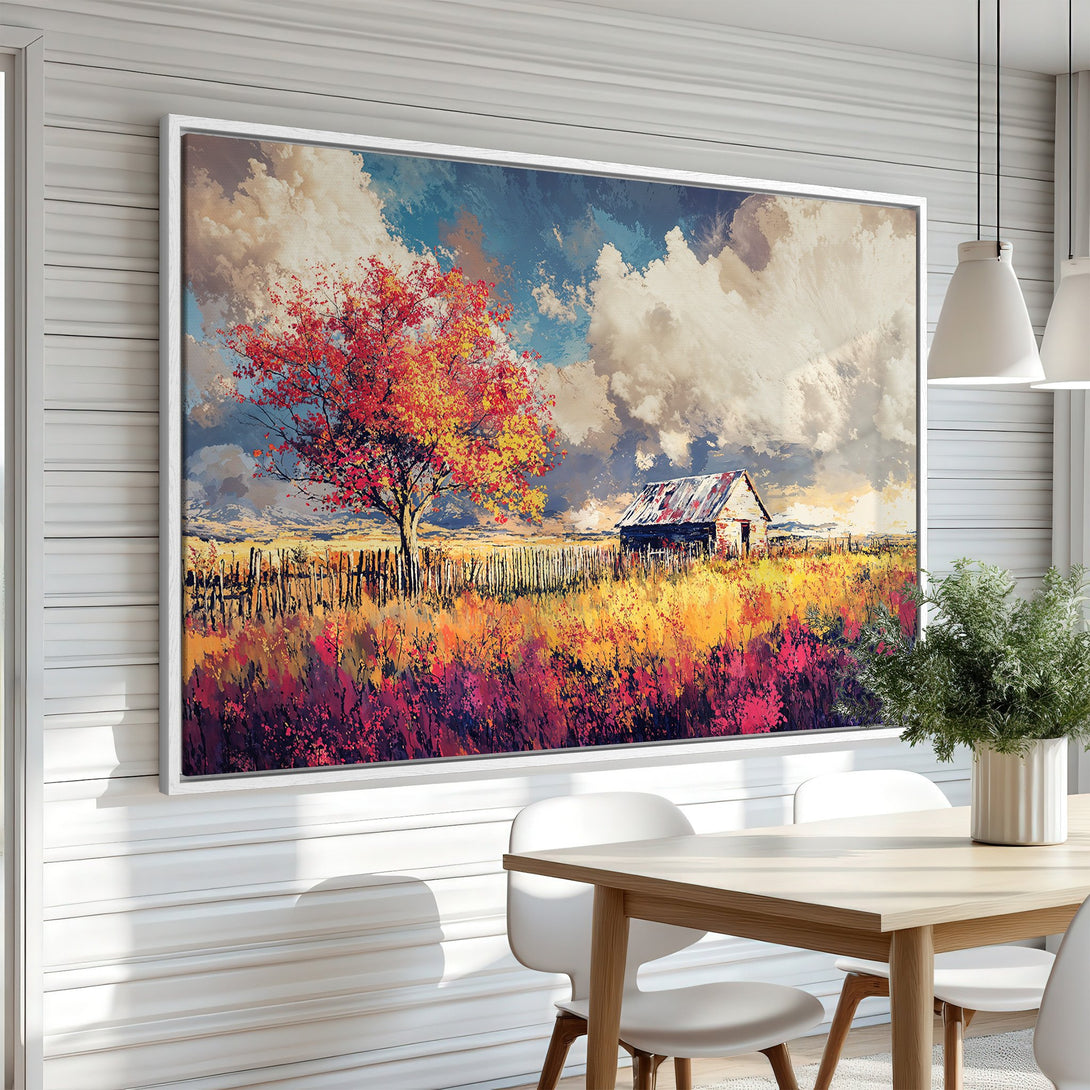 Framed Wall Art: Impressionist landscape Canvas Print with vibrant red tree, colorful field, and rustic barn. Warm, inviting color palette perfect for home decor.